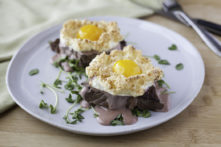 Ribeye Benedict with Cloud Eggs and Red Wine Hollandaise